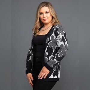 PAPA VANCOUVER Elegant Black and Gray Floral Women's Cardigan XL NWT